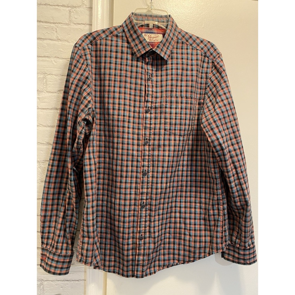 Penguin Munsingwear Shirt Mens Large Blue Red Plaid Button down Short Sleeve